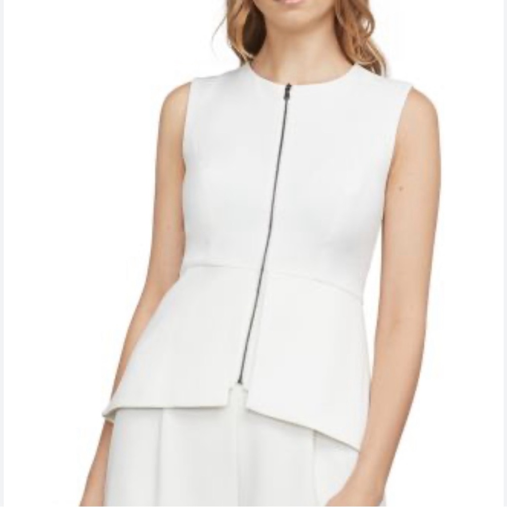 BCBG Max Azria “Abrielle” White Sleeveless Zip Peplum Top